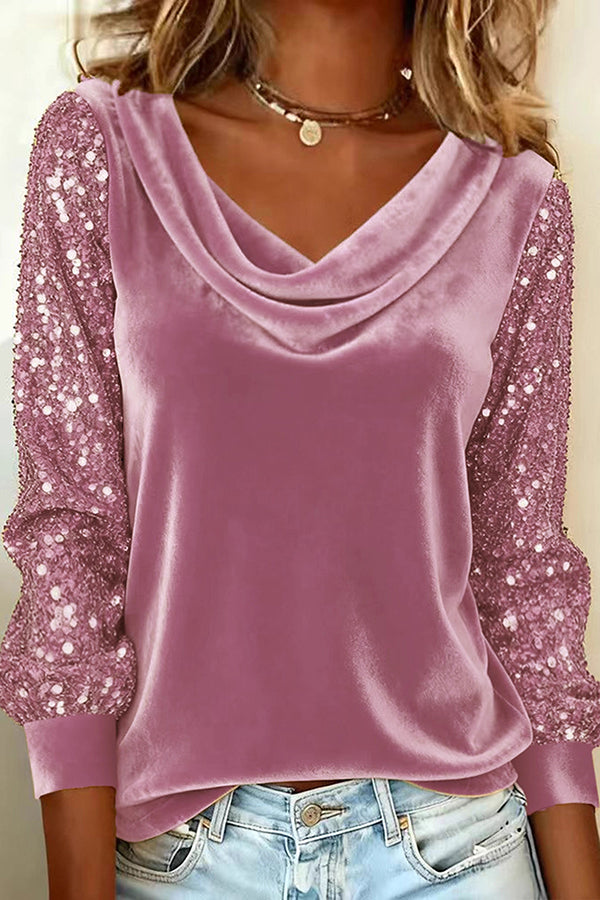 Velvet Sequin Patchwork Long-sleeved Casual Top
