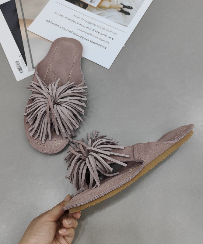 Comfy Pink Suede Tasseled Splicing Slide Sandals