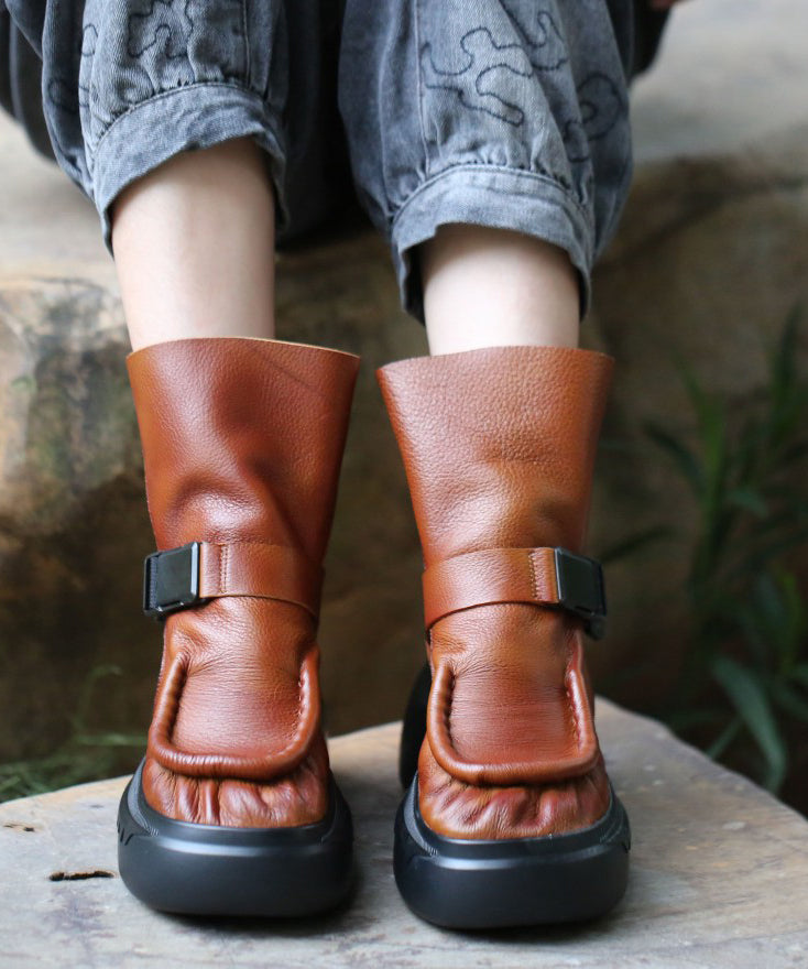 Black Cowhide Leather Boots Splicing Platform Boots