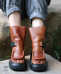 Black Cowhide Leather Boots Splicing Platform Boots