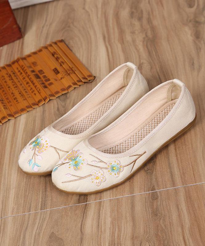 Art Splicing Flat Shoes For Women Beige Embroideried Cotton Linen Fabric
