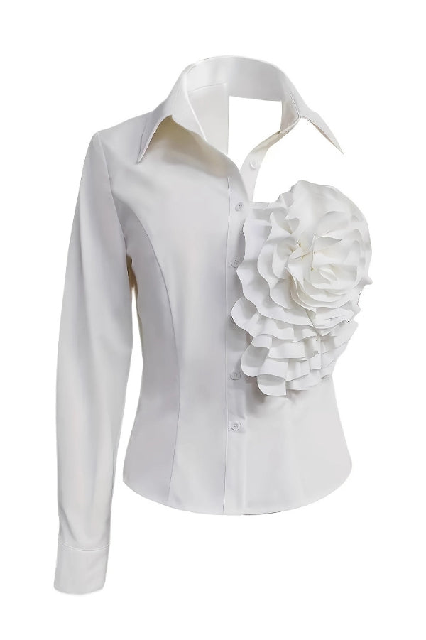 Three-dimensional Floral Collared Single-sleeve Casual Shirt