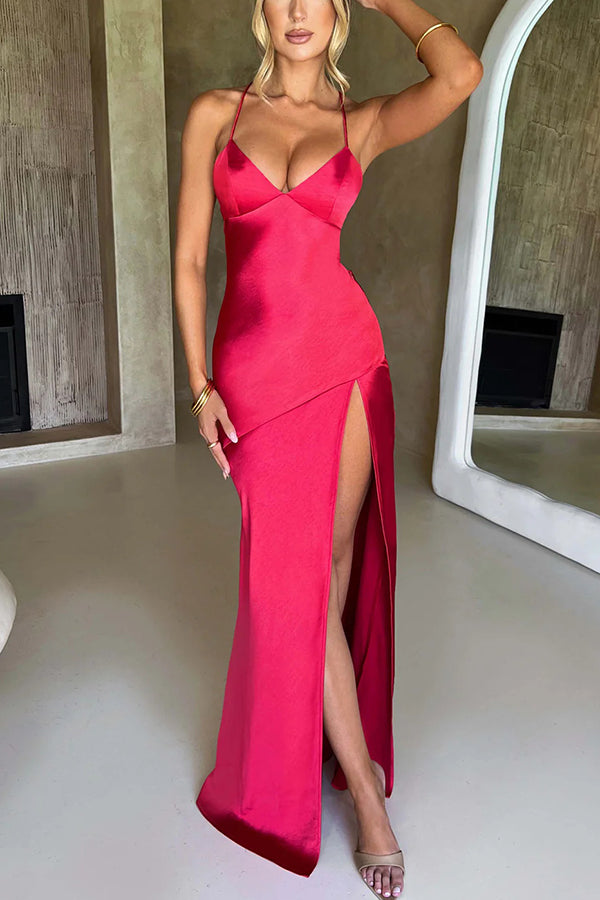 Satin Solid Color Backless Lace Up High Slit Maxi Dress