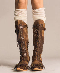 Boho Denim Splicing Lace Up Wedge Boots Brown Cowhide Leather