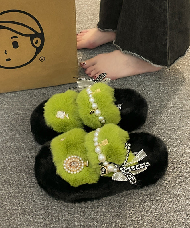 Khaki Nail Bead Bow Platform Teddy Slide Sandals