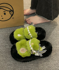 Khaki Nail Bead Bow Platform Teddy Slide Sandals