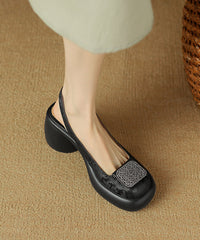 Retro Cowhide Leather Splicing Apricot Chunky Heel Sandals