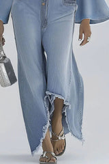 Bell Sleeves Single-breasted Casual Denim Jumpsuit