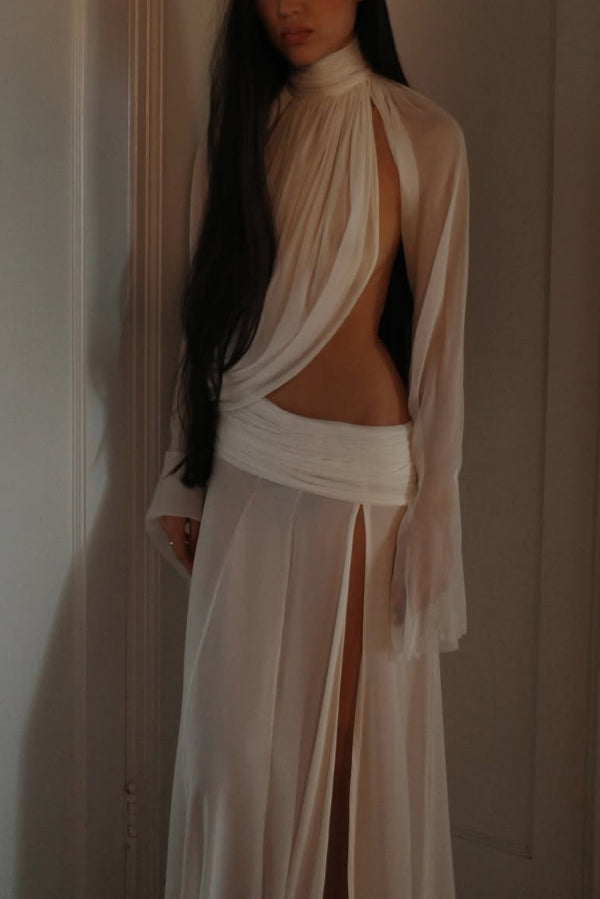 See-through High-neck Long-sleeved Draped Top and High-waisted Slit Maxi Skirt Vacation Set