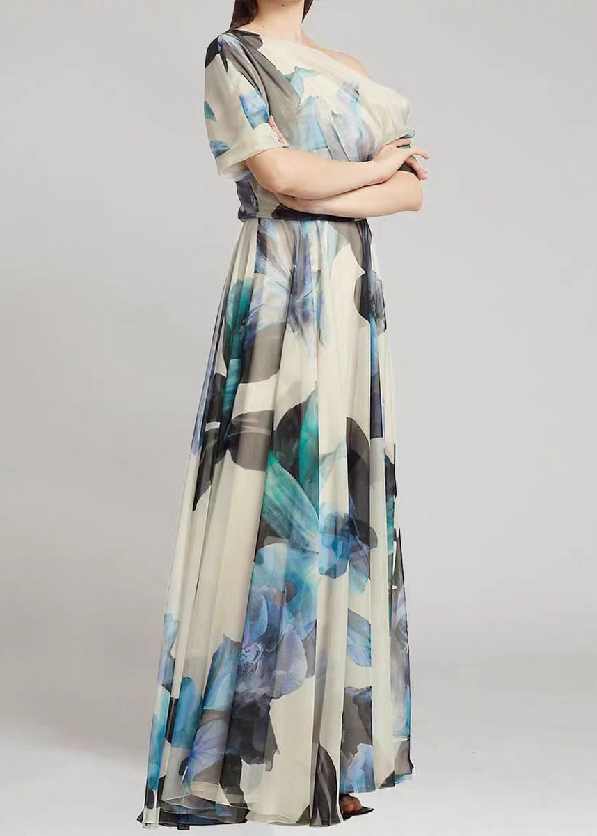 French Sky Blue Asymmetric Printed Chiffon Long Skirt Summer