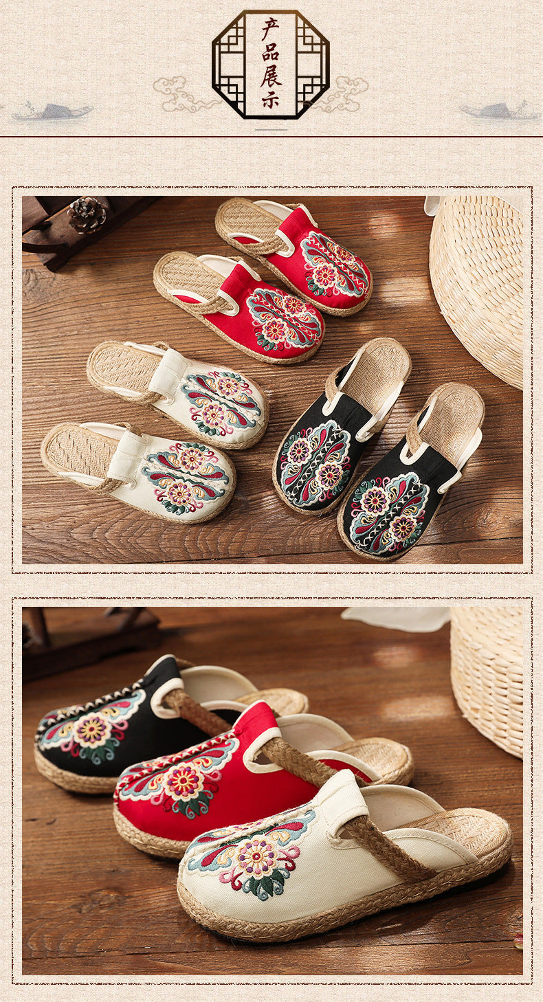Linen Floral Shoes flip flop Flats