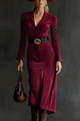 Suede V-neck Long-sleeved Slim-fit Slit Midi Dress