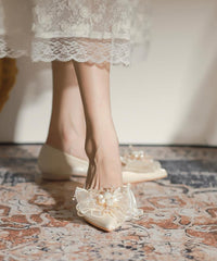 Apricot Bow Nail Bead Splicing Flat Feet Shoes Pointed Toe