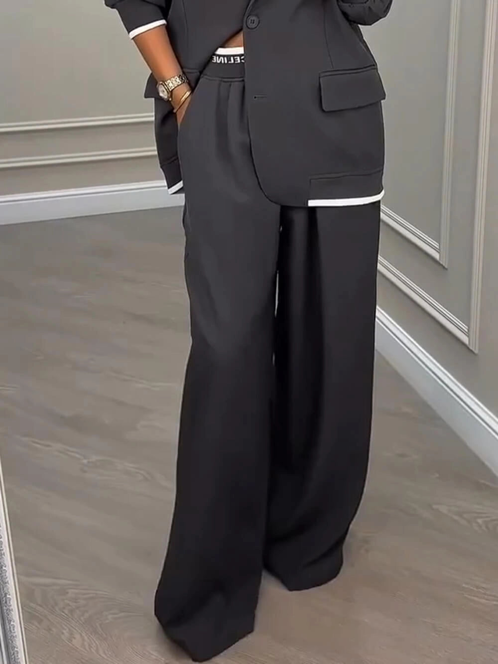 Sports Style Ribbed Colorblock Lapel Blazer and Elastic Waist Pocket Loose Pants Set