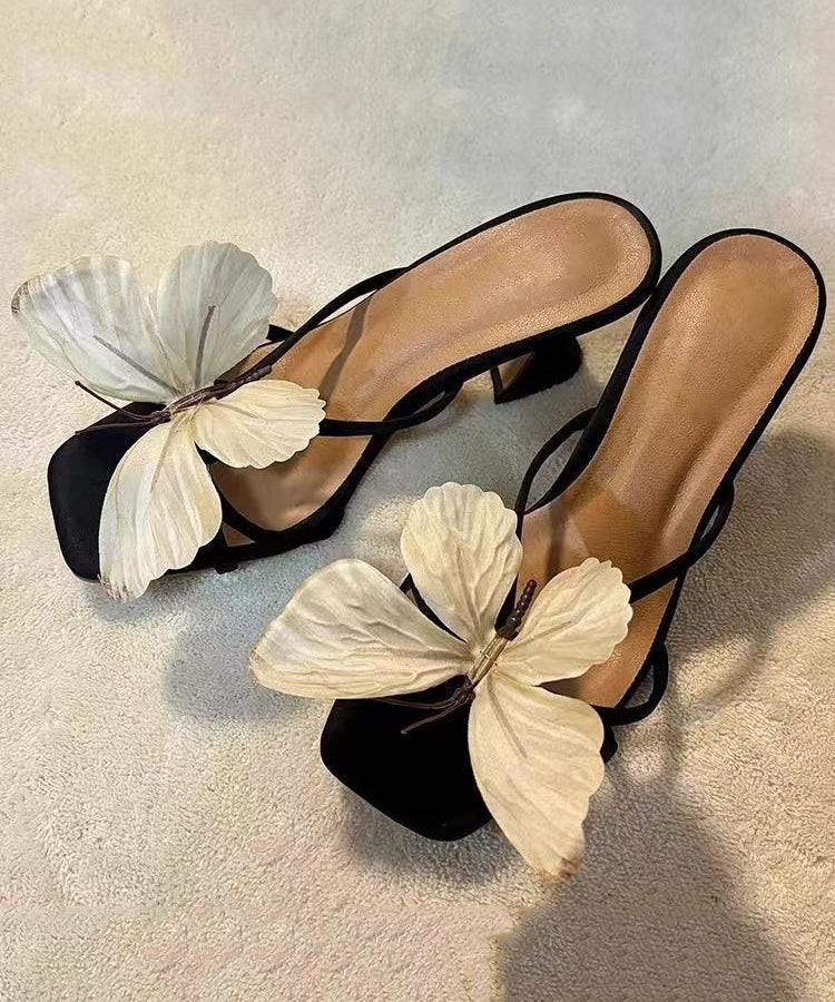 New Bow Flower Square Toe High Heels Slide Sandals