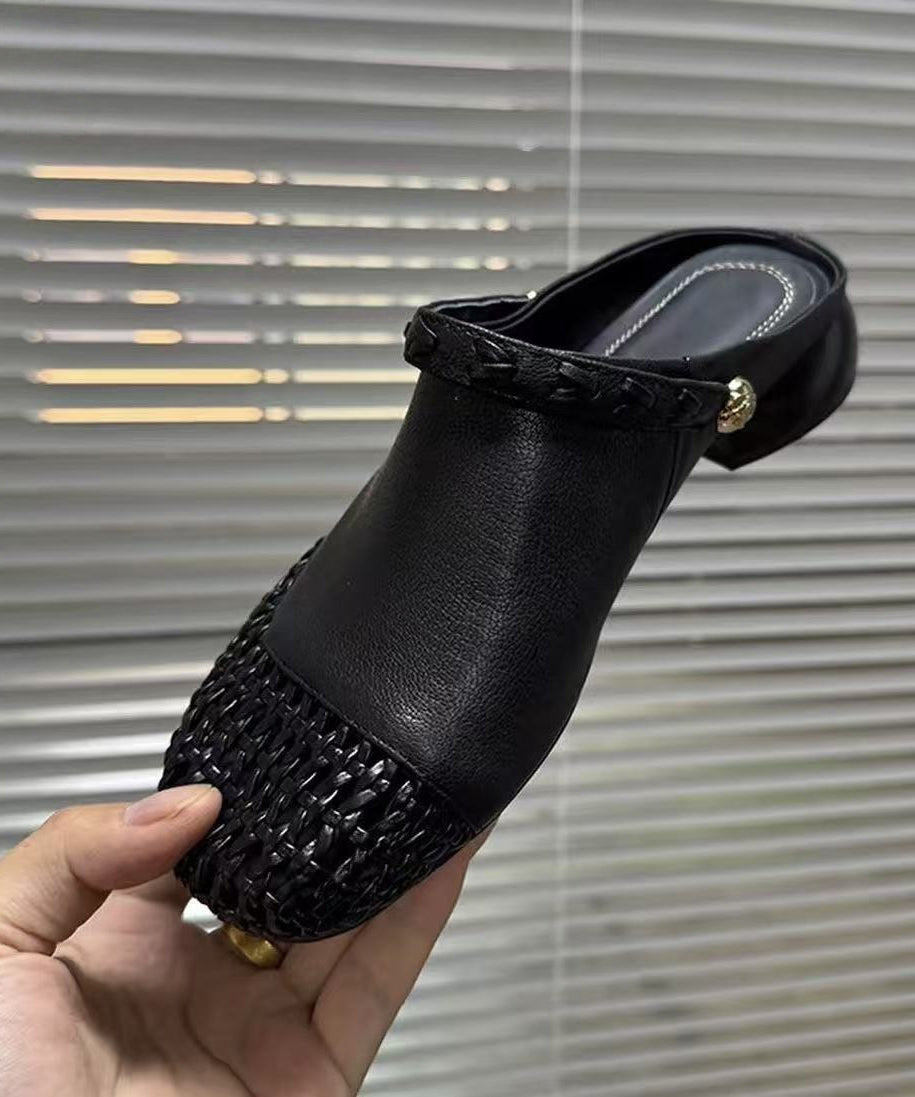 Summer New Black Hollow Out Woven Faux Leather Slide Sandals