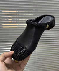 Summer New Black Hollow Out Woven Faux Leather Slide Sandals