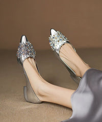 Elegant Zircon Splicing Flat Shoes Silver Sheepskin Pointed Toe