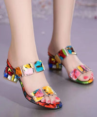 Multi Color Splicing Chunky Heel Peep Toe Slide Sandals