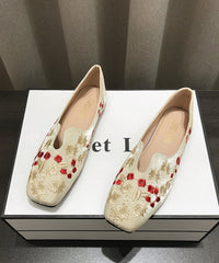 Embroidered Flat Shoes Apricot Cotton Fabric