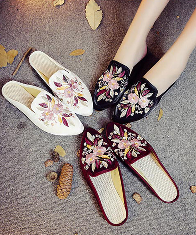 Black Embroideried Cotton Fabric Pointed Toe Slide Sandals