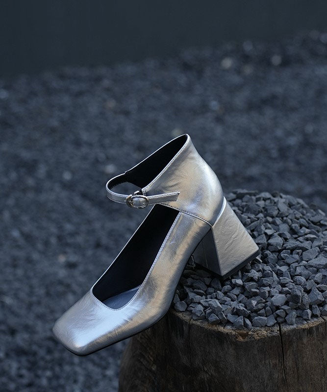 Chic Silver Buckle Strap Splicing Chunky Heel Shoes