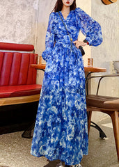 French Blue V Neck Print Flattering Maxi Dress Spring