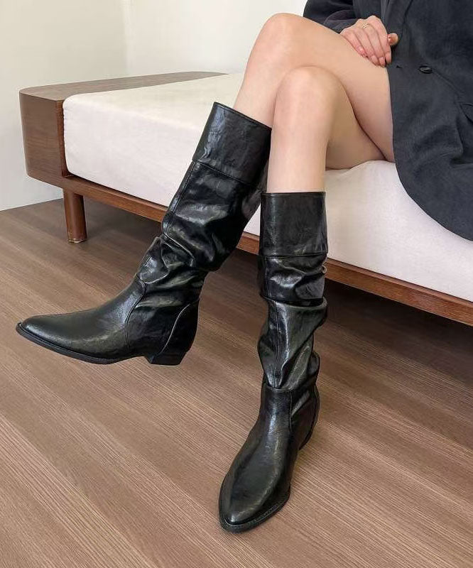 Black Faux Leather Splicing Chunky Boots Pointed Toe