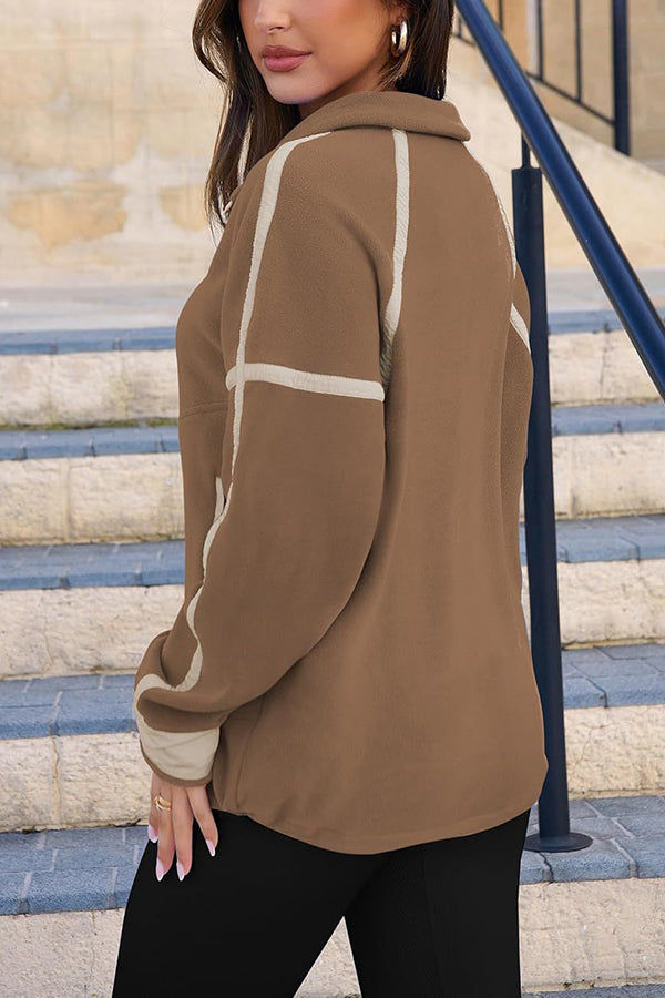 Color-blocked Trim Loose Casual Pocket Sweatshirt