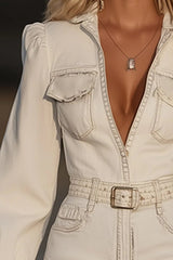 Long-sleeved Fitted Waist Fringed Hem Denim-style Mini Dress
