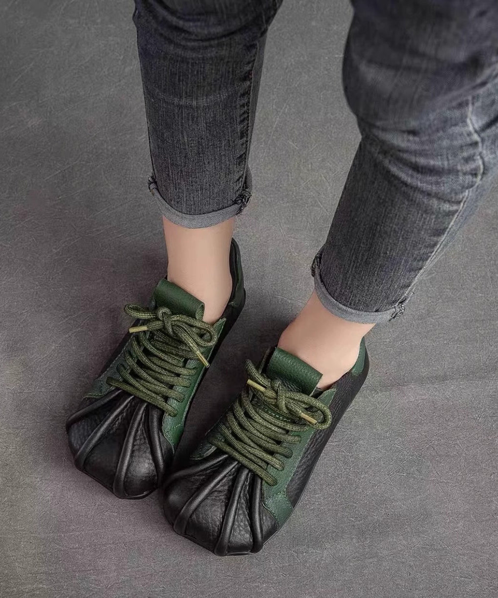 Vintage Green Cowhide Leather Flat Shoes Splicing Lace Up