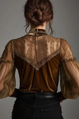 Velvet and Mesh Patchwork Casual Long-sleeved Top