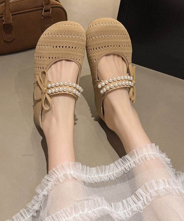 Beige Knit Breathable Splicing Nail Bead Platform Slide Sandals