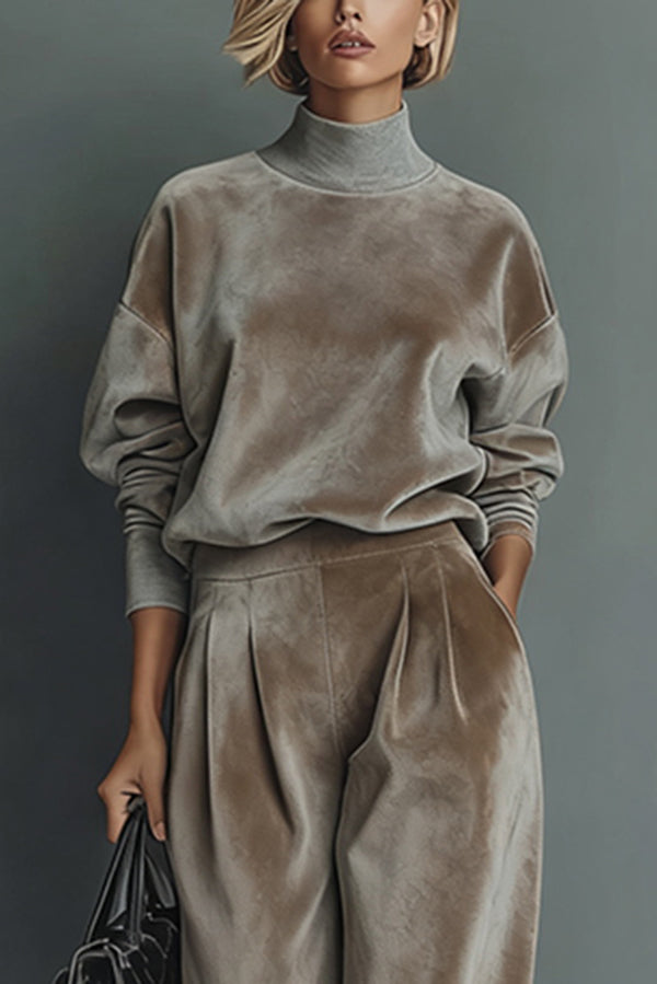 Velvet Turtleneck Long-sleeved Top and Casual Pocket Wide-leg Pants Set