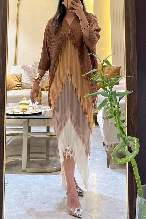 Color-blocked Multi-layered Tassel Loose Midi Dress