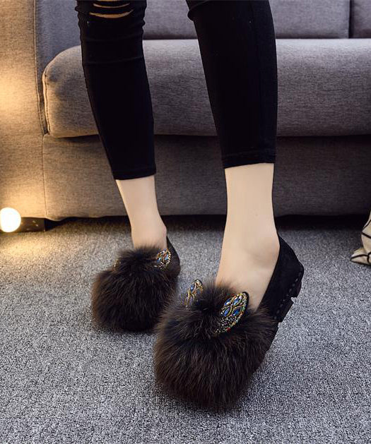 Purple Flat Shoes For Splicing Fuzzy Fur Zircon