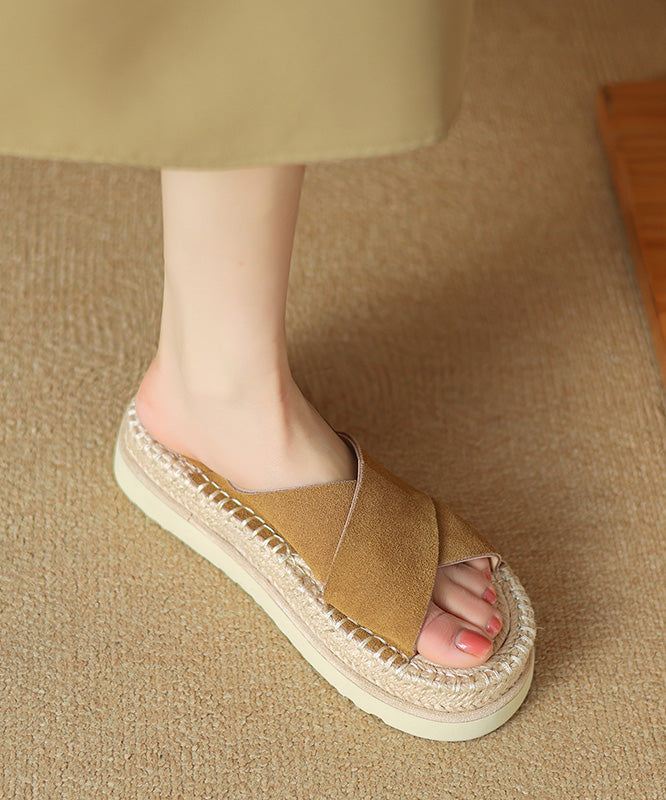 Handmade Platform Black Cowhide Leather Cross Strap Slide Sandals