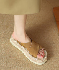 Handmade Platform Black Cowhide Leather Cross Strap Slide Sandals