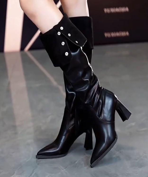 Beige Boots Chunky Heels Faux Leather Fuzzy Wool Lined