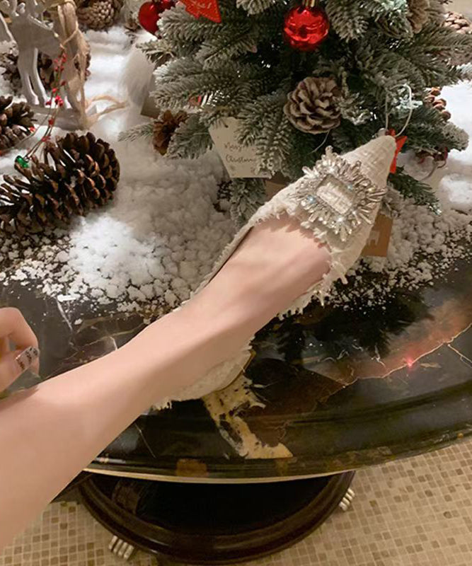 Beige French Zircon Splicing Flat Feet Shoes Pointed Toe