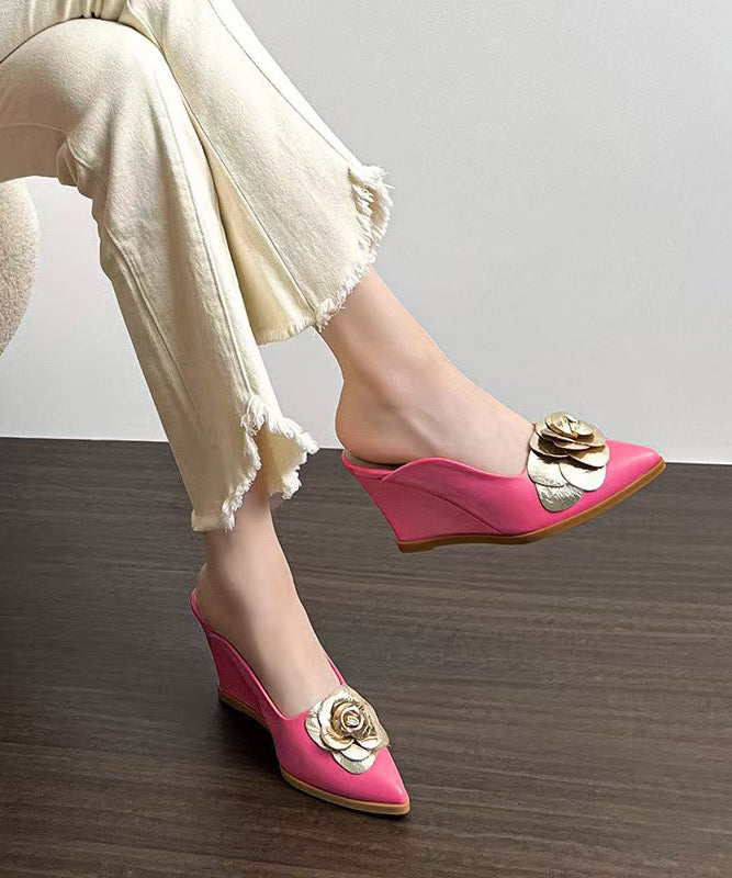 Pink Floral Wedge Heels Slide Sandals Pointed Toe
