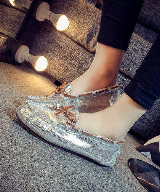 Unique Splicing Flat Shoes Silver Sequins Bow Faux Leather