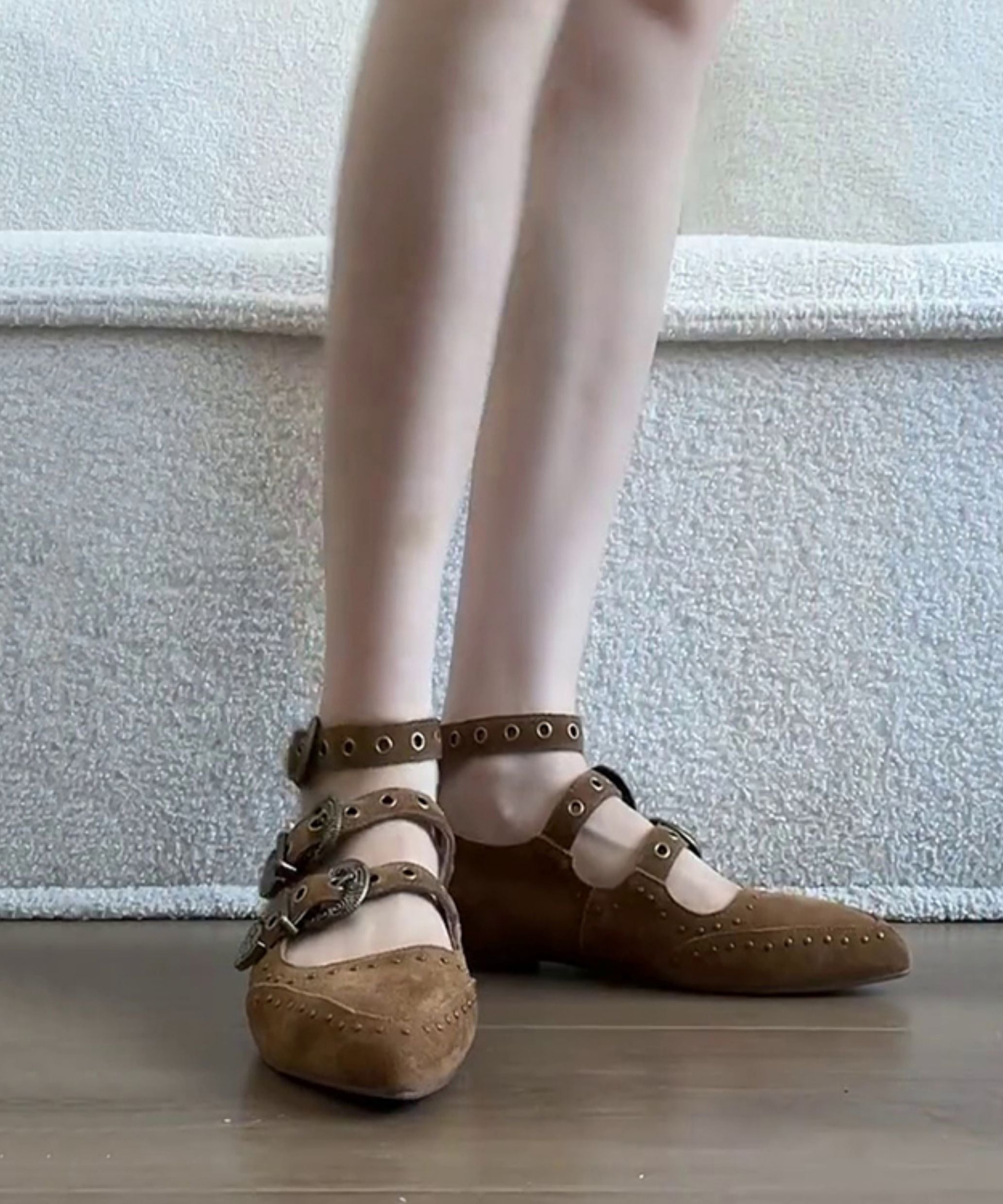 Brown Wedge Heels Shoes Suede Boutique Splicing Buckle Strap Rivet