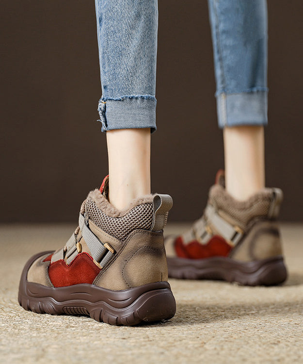 Red Cowhide Leather Boots Fuzzy Wool Lined Splicing Lace Up