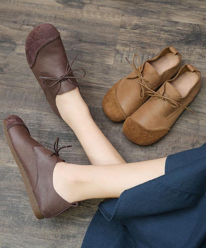 Khaki Genuine Leather Flat Shoes For Lace Up Splicing Flat Shoes