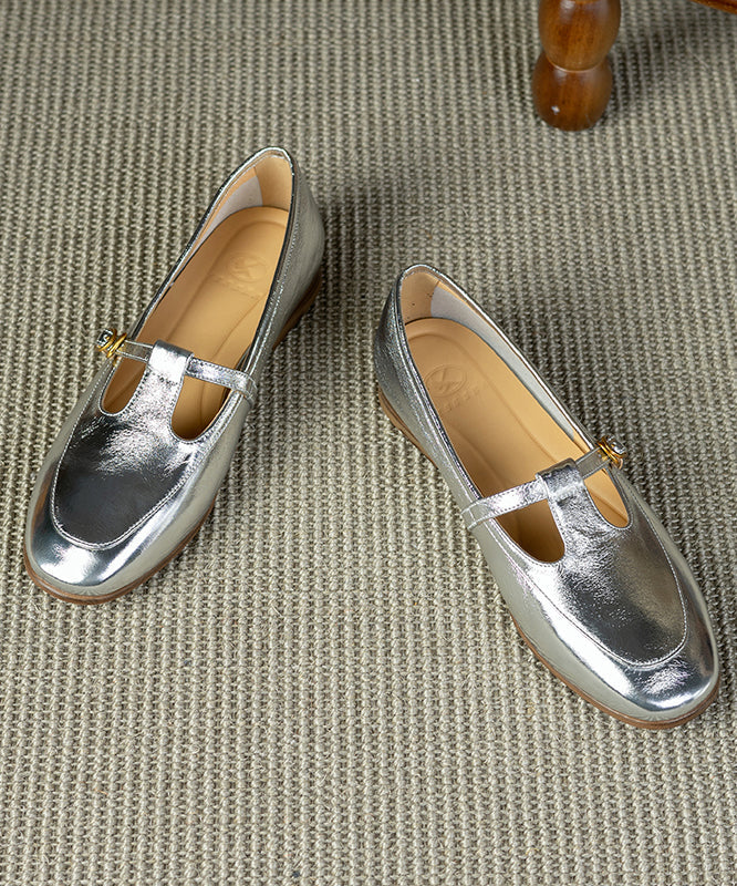 Boutique Pink Cowhide Leather Splicing Flat Shoes Buckle Strap