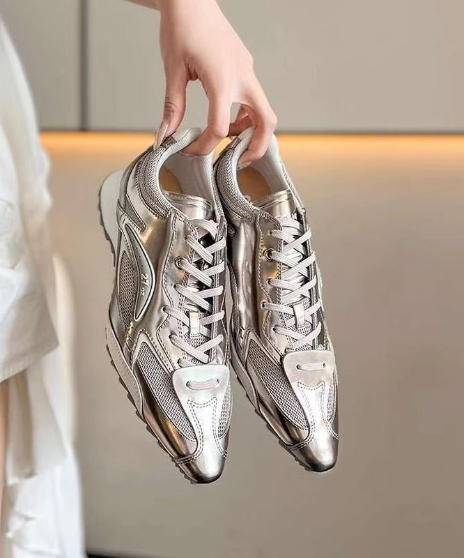 Silver Faux Leather Lace Up Splicing Sport Shoes Pointed Toe