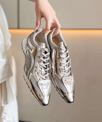 Silver Faux Leather Lace Up Splicing Sport Shoes Pointed Toe