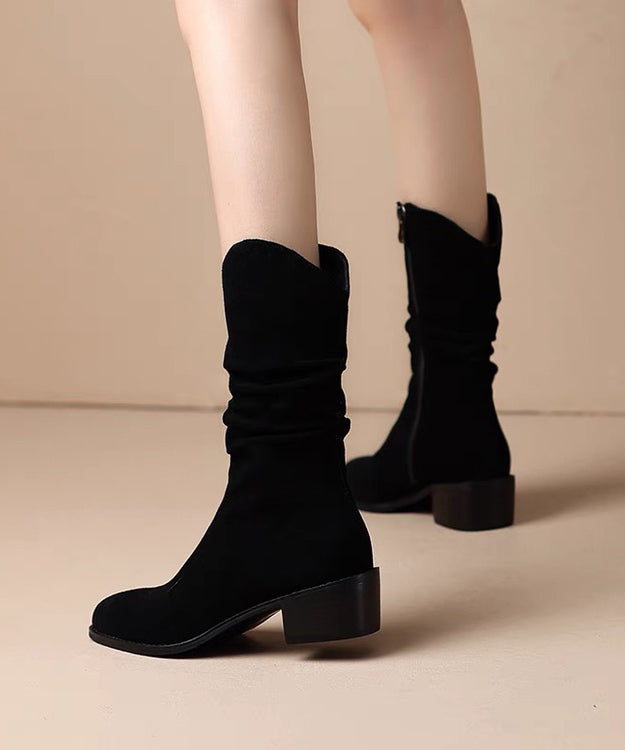 Khaki Suede Splicing Chunky Boots