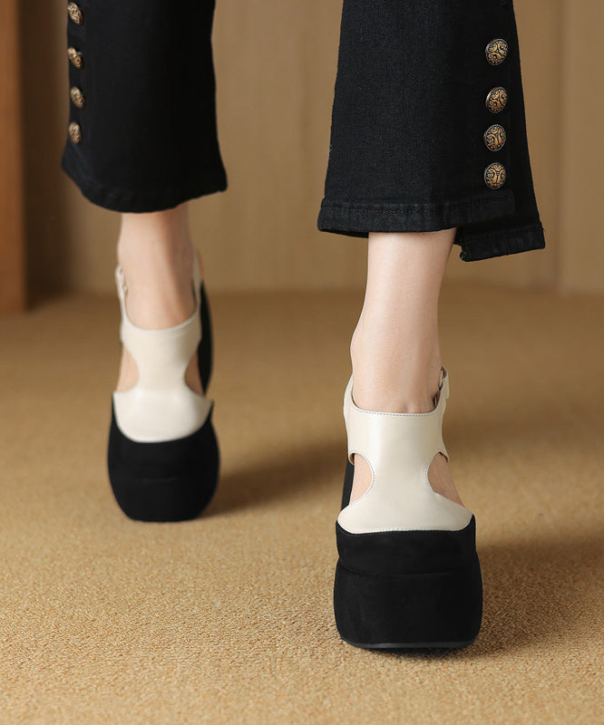 Splicing Platform Sandals White Cowhide Leather Hollow Out